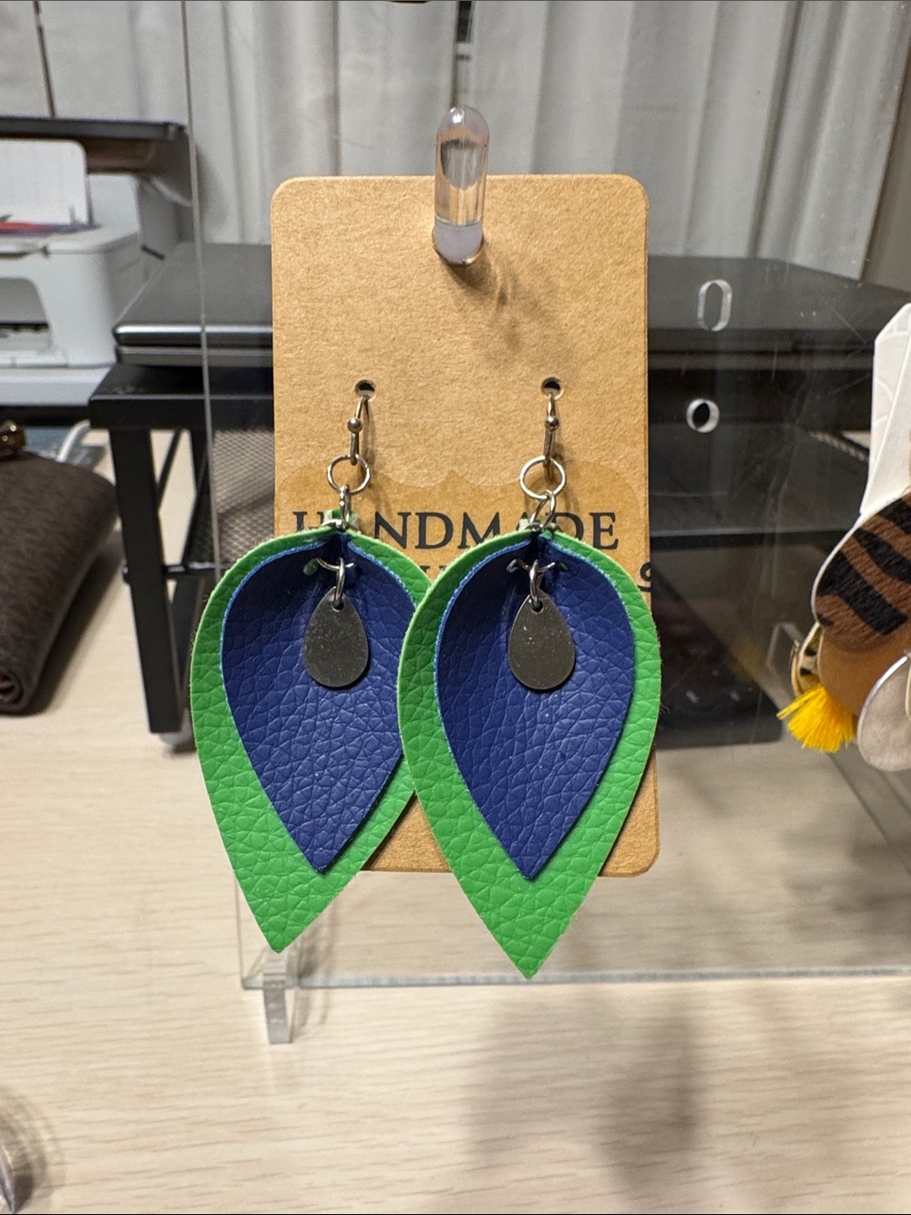 Hand Crafted Blue and Green Layered Teardrop Earrings
